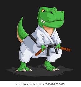 Hand drawn funny dinosaur T Rex wearing Karate or Kung fu kimono holding a brown nunchaku