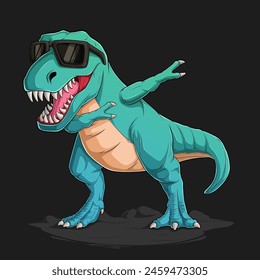 Hand drawn funny dinosaur T Rex 
doing dabbing dance wearing sunglasses, t rex dancing dab movement