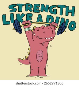 Desenhado à mão dinossauro engraçado T Rex levantando um grande peso halterofilismo direto fazendo bíceps exercício gráficos engraçados para crianças t-shirts e adesivos, papel de parede, dino ilustração isolada no fundo amarelo