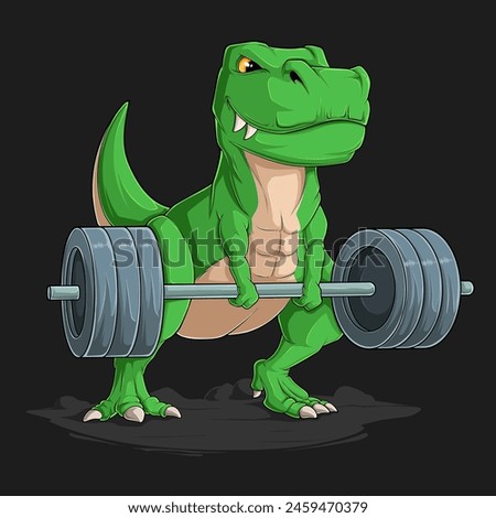 Hand drawn funny dinosaur T Rex lifting a big weight straight barbell doing deadlift exercise
