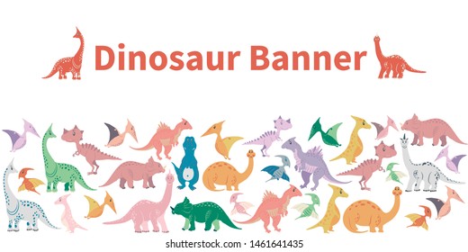Hand drawn funny Dinosaurs horizontal template. Vector Illustration banner