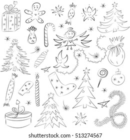 Hand Drawn Funny Doodle Christmas Sketch Set. Children Drawings of  Fir Trees, Gifts, Candle, Sweets, Angel, Stars and Snowflakes. Perfect for festive design. Vector illustration.