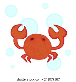 Hand drawn funny doodle crab on abstract background with bubbles. Vector illustration.