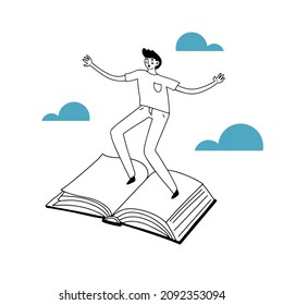 Hand drawn funny doodle man or boy levitating in the clouds on opened book, concept of easy learning, fast achievements, fast learning, isolated linear vector illustration