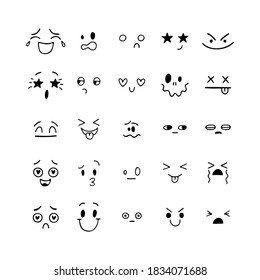 Hand drawn funny faces. Kawaii style. Sketched facial expressions set. Emoji icons. Collection of cartoon emotional characters. Vector illustration