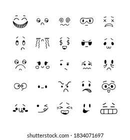 Hand drawn funny faces. Kawaii style. Sketched facial expressions set. Emoji icons. Collection of cartoon emotional characters. Vector illustration
