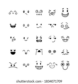 Hand drawn funny faces. Kawaii style. Sketched facial expressions set. Emoji icons. Collection of cartoon emotional characters. Vector illustration