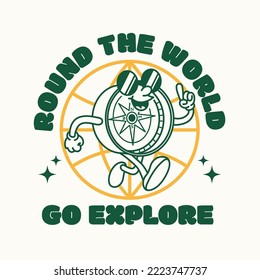 Hand drawn funny flat trendy cartoon mascot of globe traveling