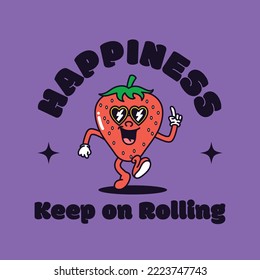 Mascota de dibujos a mano graciosa y plana de moda de moda de la fruta de la sonrisa