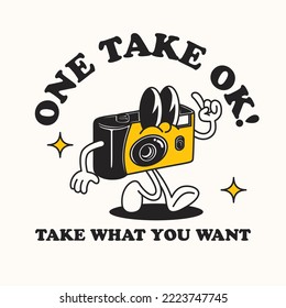 Hand drawn funny flat trendy cartoon mascot of analog camera, photography logo vector