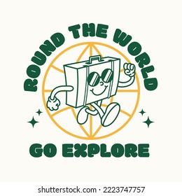 Hand drawn funny flat trendy cartoon mascot of globe traveling