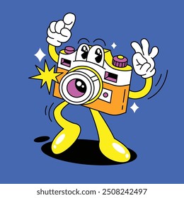 Hand drawn funny flat trendy cartoon mascot of analog camera, photography retro icon vector