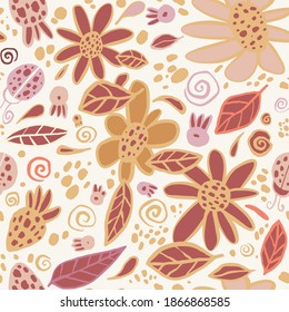 Hand drawn funny flowers vector print. Funny pattern with daisies, strawberries and ladybirds. Printing on fabric and background for wallpaper. Cute pink spring romantic seamless pattern