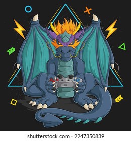 Hand drawn funny gamer dragon playing video games with his grey analog joystick game controller