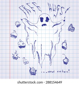 Hand drawn funny ghost with cakes  on notebook page paper. Free hugs and cakes elements. Vector sketch.