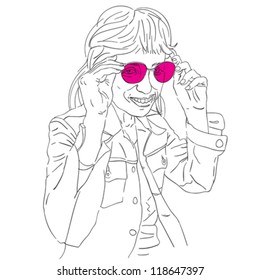Hand drawn funny girl with pink sunglasses, doodle isolated on white