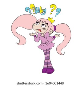 Hand drawn, funny girl Princess with crown in pink dress and striped gaiters shoes.Vector illustration on a white isolated background.Form for banners, postcards.