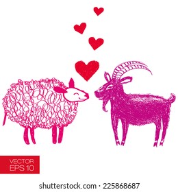 Hand drawn funny goat and sheep fall in love. Graphic careless style. Useful for unusual extraordinary greeting cards for new year's day or St. Valentine's day