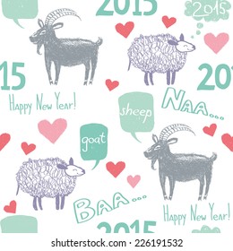 Hand drawn funny goat and sheep talking about new year. Graphic careless style with speech bubbles and hand-drawn text. New 2015 Year theme. Vector seamless pattern