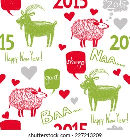 Hand drawn funny goat and sheep talking about new year. Graphic careless style with speech bubbles and hand-drawn text. New 2015 Year theme. Vector seamless pattern