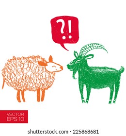 Hand drawn funny goat wondering 2015 is a sheep's year too. Graphic careless style with speech bubble and question mark. New 2015 Year theme. Vector illustration