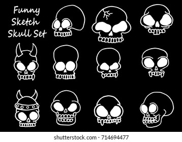 Hand Drawn Funny Halloween vector illustration. Doodling Skull set. vector ink doodle. Black and white background.