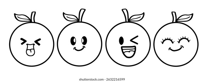 Hand drawn funny happy orange fruit characters bundle set. Doodle style traditional cartoon. Sketch style funny fruit, joyful orange doodles
