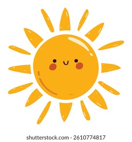 Hand drawn funny happy smiley sun character.