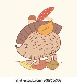 Hand drawn funny hedgehog with mushroom and leaves isolated. Doodle style illustration.