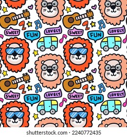 Hand drawn funny hippies lions cartoon doodle illustration seamless pattern. Can be used for kids apparel, fabric, wrapping, textile, wallpaper