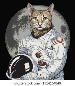 Hand drawn funny hipster cat astronaut vector illustration