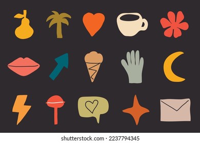 Hand drawn funny icons of various shapes. Abstract vector elements. Palm, heart, pear, cup, arrow, zipper, flower, hand, envelope. Fancy shapes. Trendy doodle. Set of colored stickers. 
