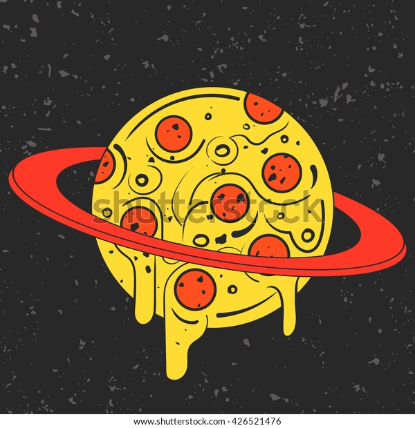 手描きの面白いイラストで 宇宙のピザに見える惑星を描いた 現代のファストフードのスタイリッシュなロゴ 食べる アイコン 印刷 ポスター Tシャツ 繊維に最適な分離型ベクターイラスト のベクター画像素材 ロイヤリティフリー