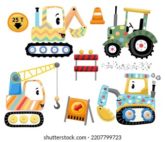 Hand drawn funny industrial vehicle in colorful ornaments with construction signs