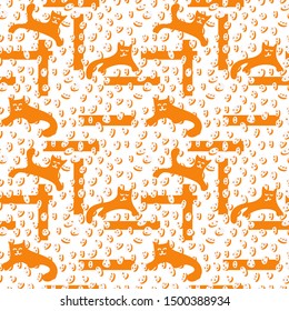 Hand drawn Funny kittens playing. Two-tone illustration, vector seamless pattern