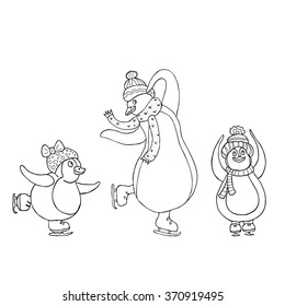 Hand drawn funny linear penguin skaters in hats and scarfs.