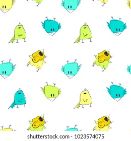 Hand drawn funny little bird pilots seamless pattern. Spring birds collection