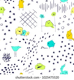 Hand drawn funny little birds with tracks, dots, blots seamless pattern. Spring birds collection (see in portfolio), vector illustration