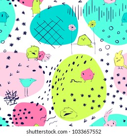 Hand drawn funny little birds with tracks, dots, blots, worms abstract seamless pattern. Spring birds collection, vector illustration