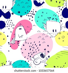 Hand drawn funny little birds with tracks, dots, blots, worms abstract seamless pattern. Spring birds collection, vector illustration
