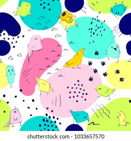 Hand drawn funny little birds with tracks, dots, blots, worms abstract seamless pattern. Spring birds collection, vector illustration