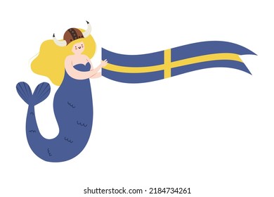 Hand drawn funny Mermaid wearing horned Viking's helmet and holding Swedish flag. Isolated on white vector illustration in flat style