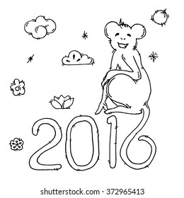 Hand drawn funny monkey sit on digit twenty sixteen. White background. Vector illustration