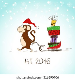 Hand drawn funny monkey with sledge full of presents. Symbol of the New Year 2016. New Year and Christmas greeting card.