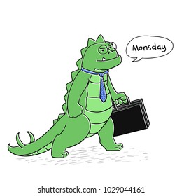 Hand drawn funny monster day, Godjila goes to work. Vector file. editable, eps.10