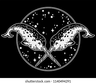 Hand drawn funny narwhal. Unicorn of sea. Print, cards, poster, art. Isolated vector illustration. Trendy T-shirt print