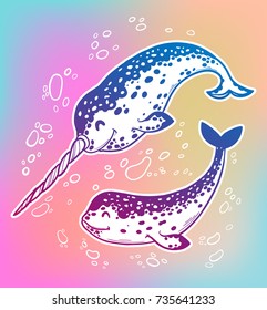 Hand drawn funny narwhal. Unicorn of sea. Print, cards, poster, art. Isolated vector illustration. Trendy T-shirt print.