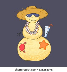 Hand drawn funny New Year SandMan in sunglasses with cocktail