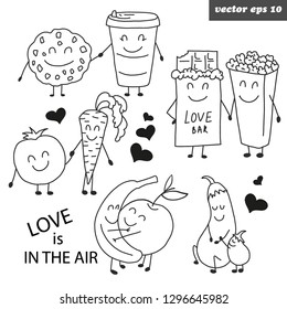 Hand drawn funny outlined characters. Vegetables and fruits - banana, apple, carrot, tomato, biscuit, coffee, cocolate, pop corn, eggplant. Love concept. Valentine day cebration stickers. Vector.