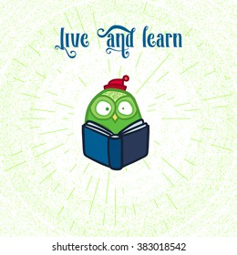 Hand  Drawn Funny Owl with Book. Owls Learning subject for print, fabric, wrap and illustration, game, web and children's items. Live and learn. Vector